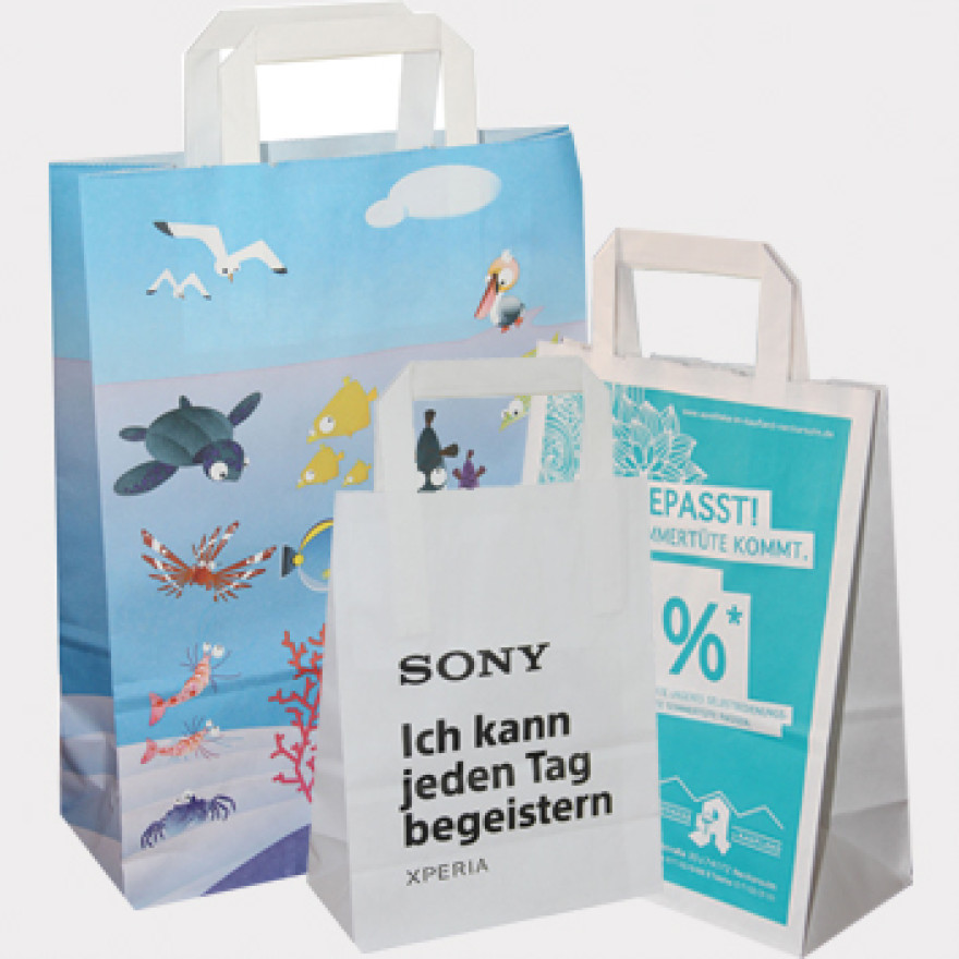 Papiertüten bedrucken lassen günstig, Flachhenkeltüten bedrucken